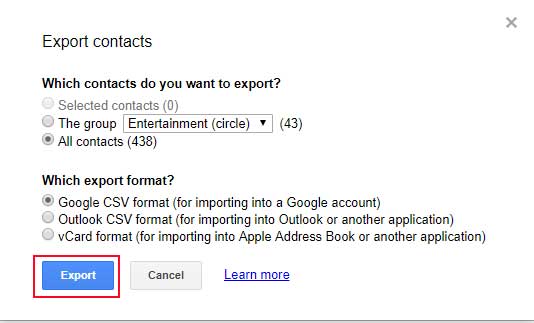click on export to move google contacts