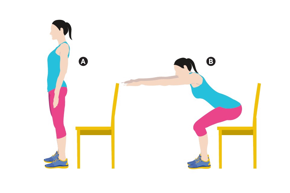 Chair squat for knee rehab exercise