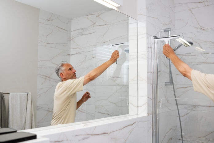 Old man doing bathroom renovation for a modern home